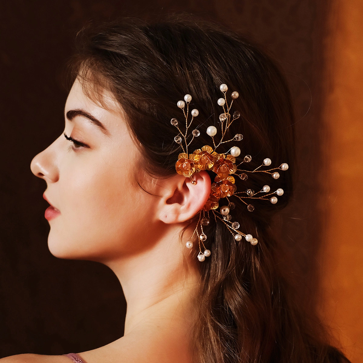 Exquisite Metal Floral Ear Cuff Fashion Women's No-Piercing Ear Jewelry Handmade Beaded Clip-On Earrings 1