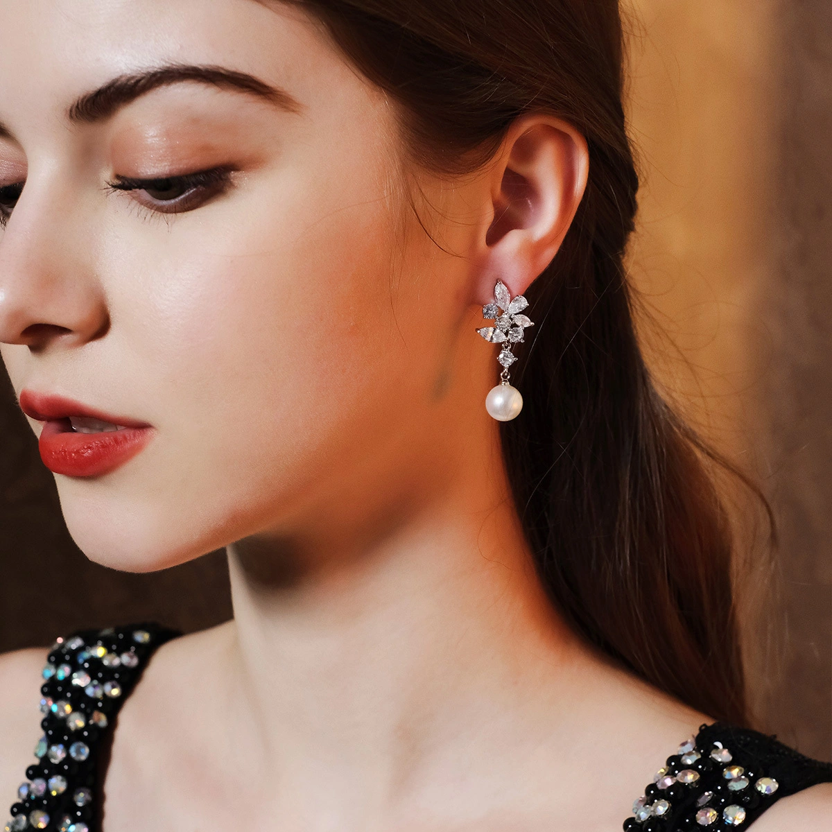 Women Accessories Elegant Simulated Pearls Drop Vintage Earrings Women Cubic Zircon Wedding Bridal Earring for Lady 1