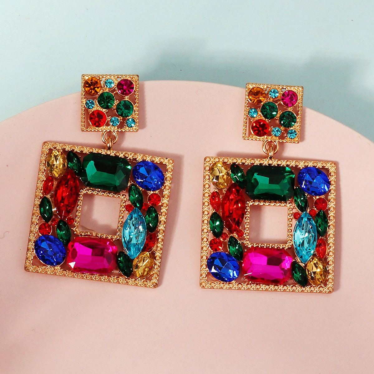 Euro-American Fashion Alloy Colorful Rhinestone Earrings for Women Square Hollow-Out Exaggerated Drop Earrings 1