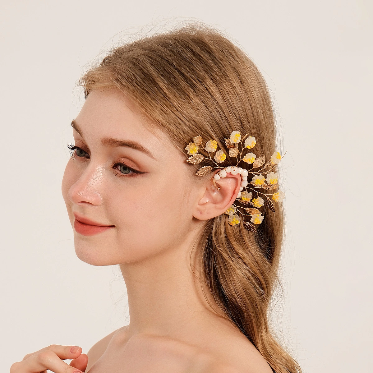 European American Fashion Forest-Style Flower Ear Cuff Handmade Crystal Earrings Grand Bridal Jewelry Ear Wrap 1