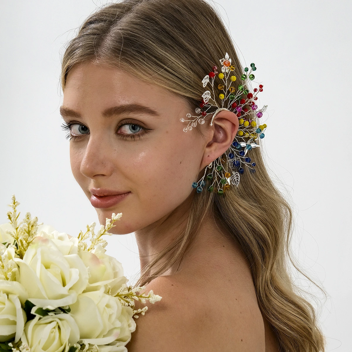 Exquisite Colourful Crystal Bead Flower Earrings Cuff Handmade Fashion Non-Pierced Hoop Earring Elegant Women Jewelry 1