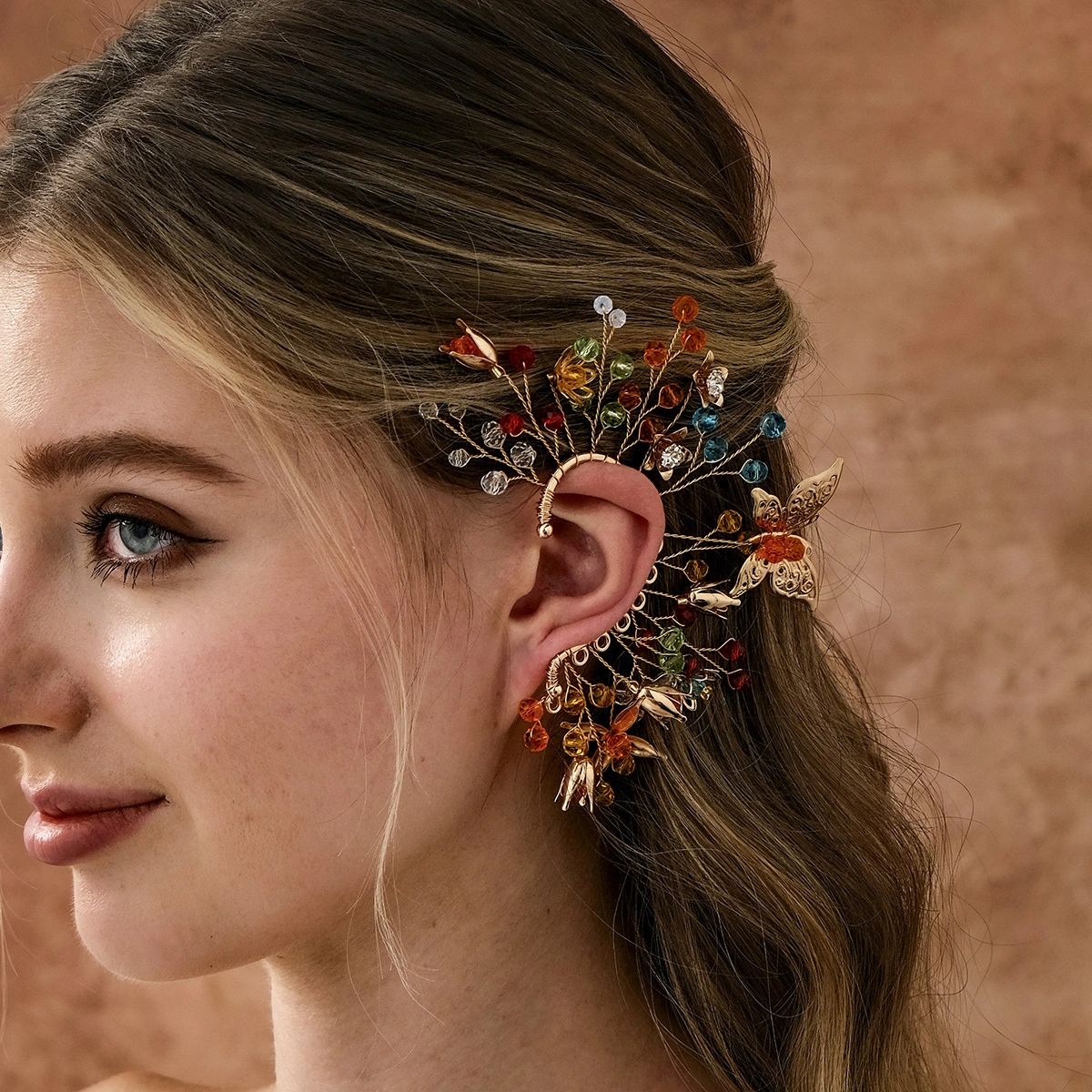New Colored Crystal Bead Earrings Exquisite Alloy Floral Butterfly Ear Cuff Fashion Women's No-Piercing Ear Jewelry 1