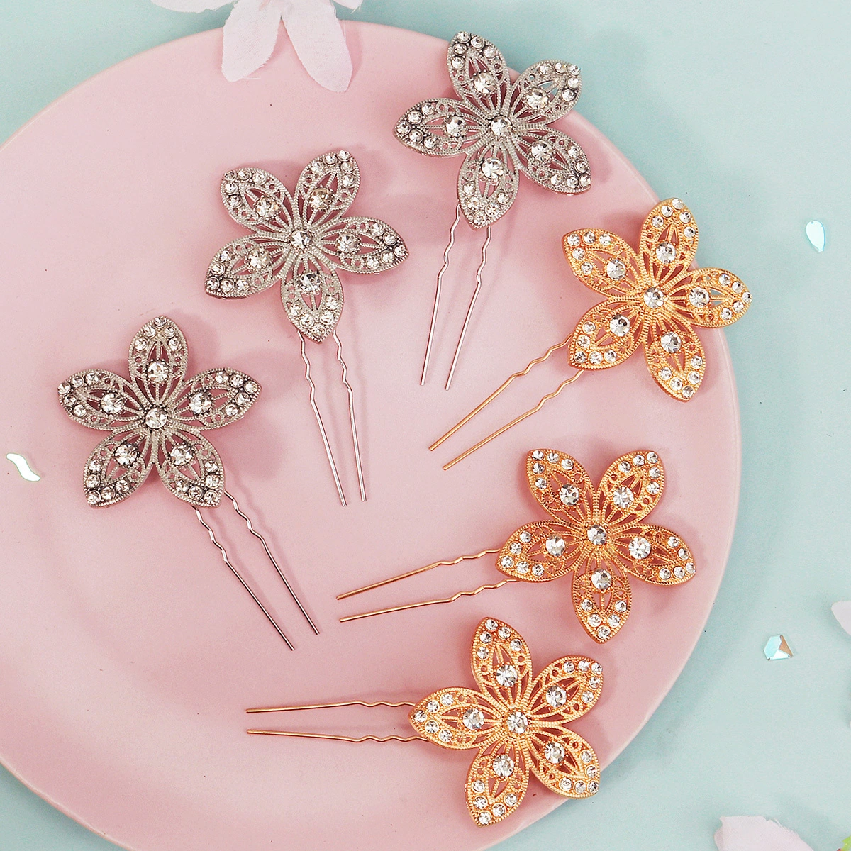 New Alloy Flower Headpiece 3 Pcs/Set Exquisite Hollow-out Design Fashion Rhinestone Hair Pins Bride Jewelry 1