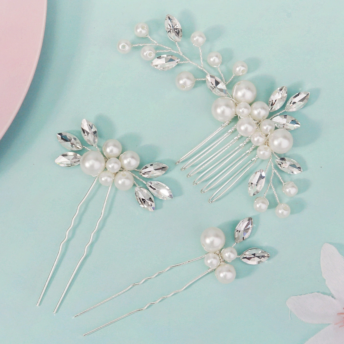 European American Bridal Wedding Updo Hair Accessories Fashion Headpiece Pearl Rhinestone Hair Comb Hairpin Set 1