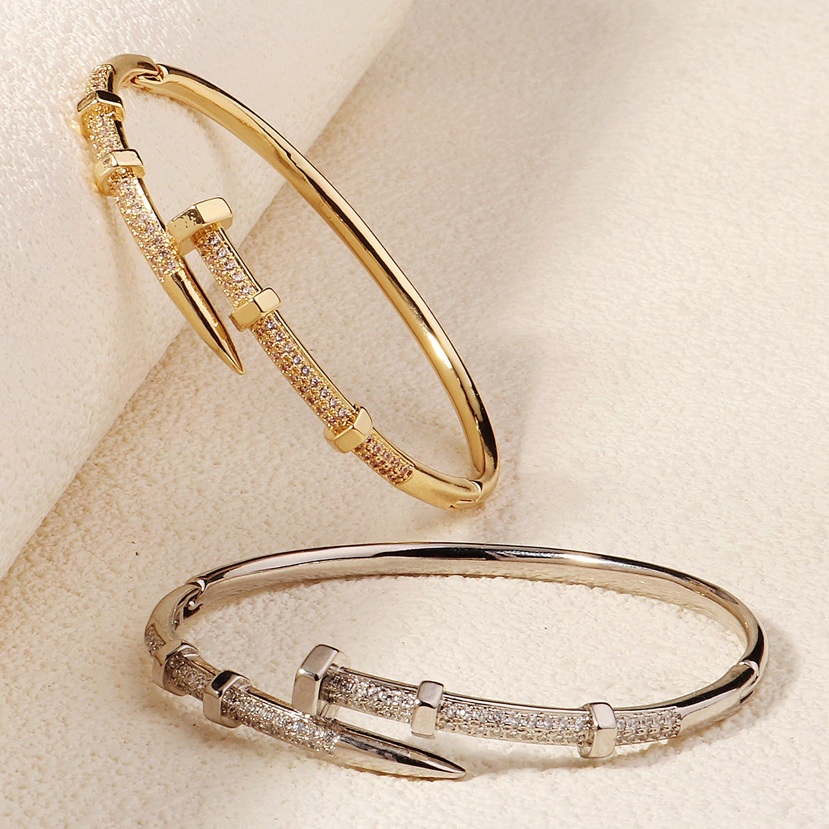 Classic Versatile Copper-Inlaid Zircon Open Bangle Fashion Unique Nail Bangle 1