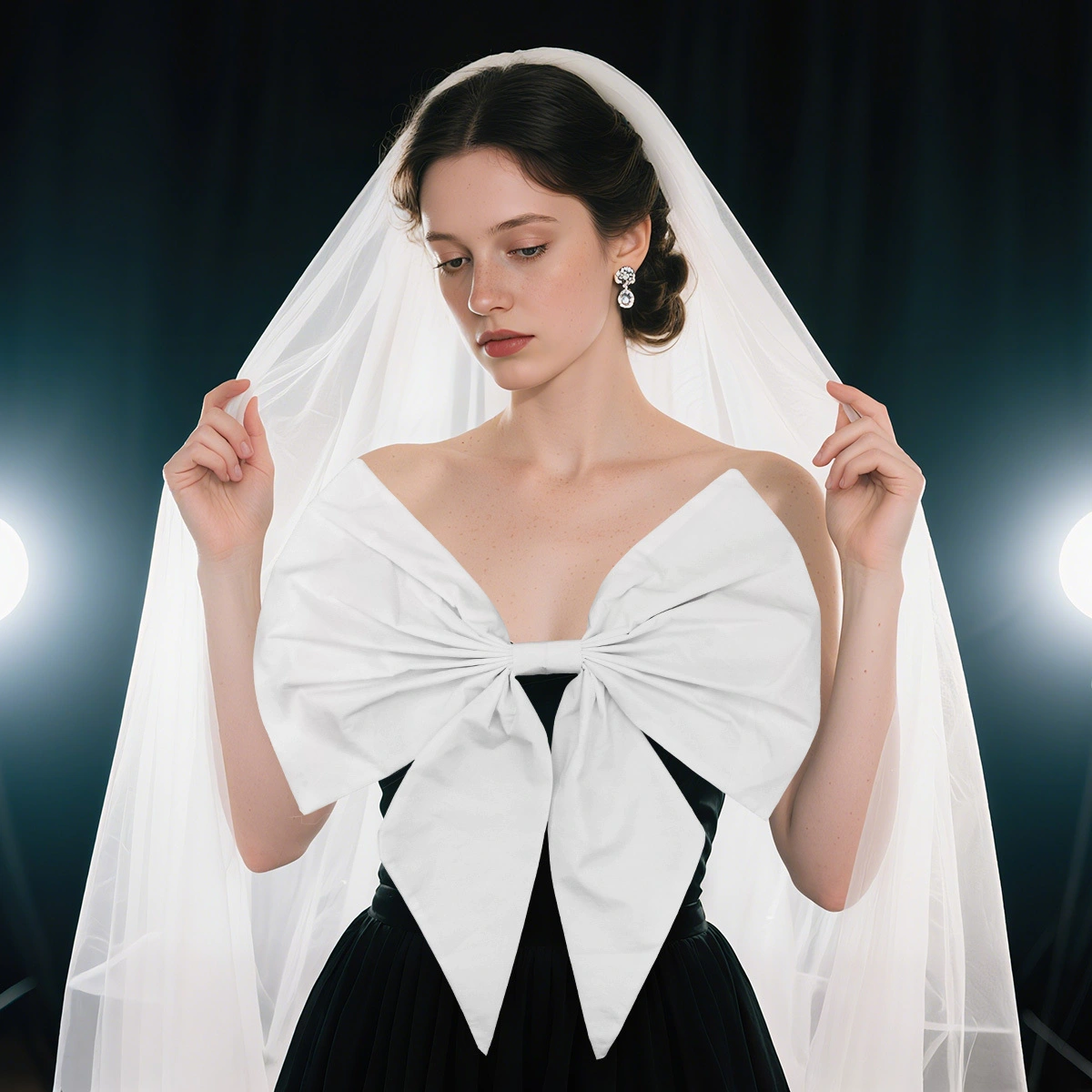 European American Wedding Versatile Detachable Gown Accessories Handmade Fabric Large White Bow Train 1