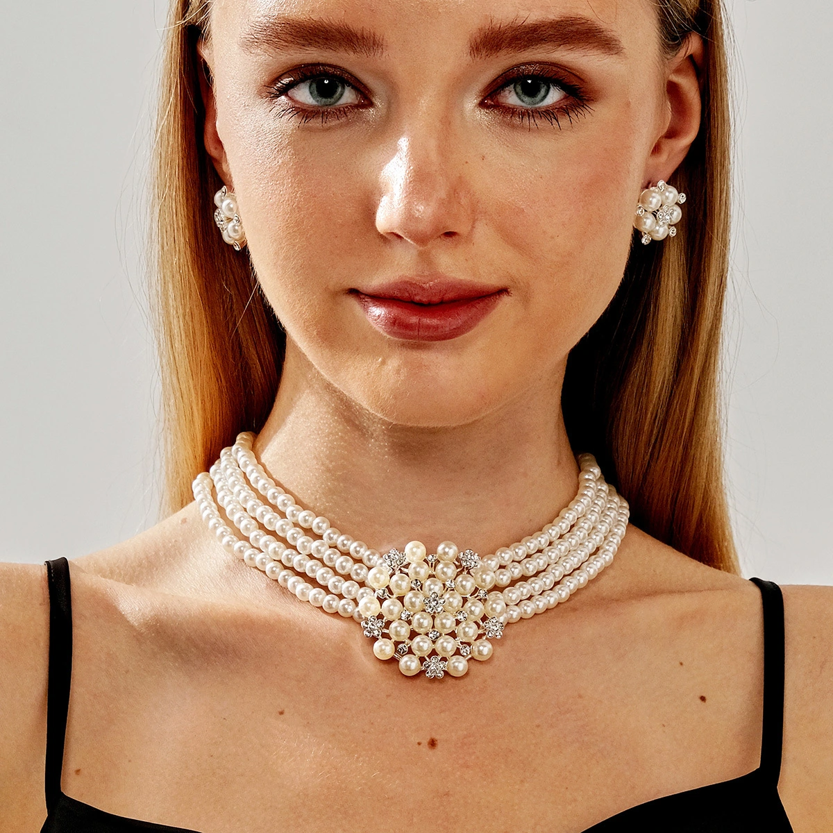 New Multi-Layer Pearl Necklace Earrings Luxury Wedding Bridal Accessories Fashion Jewelry Set 1