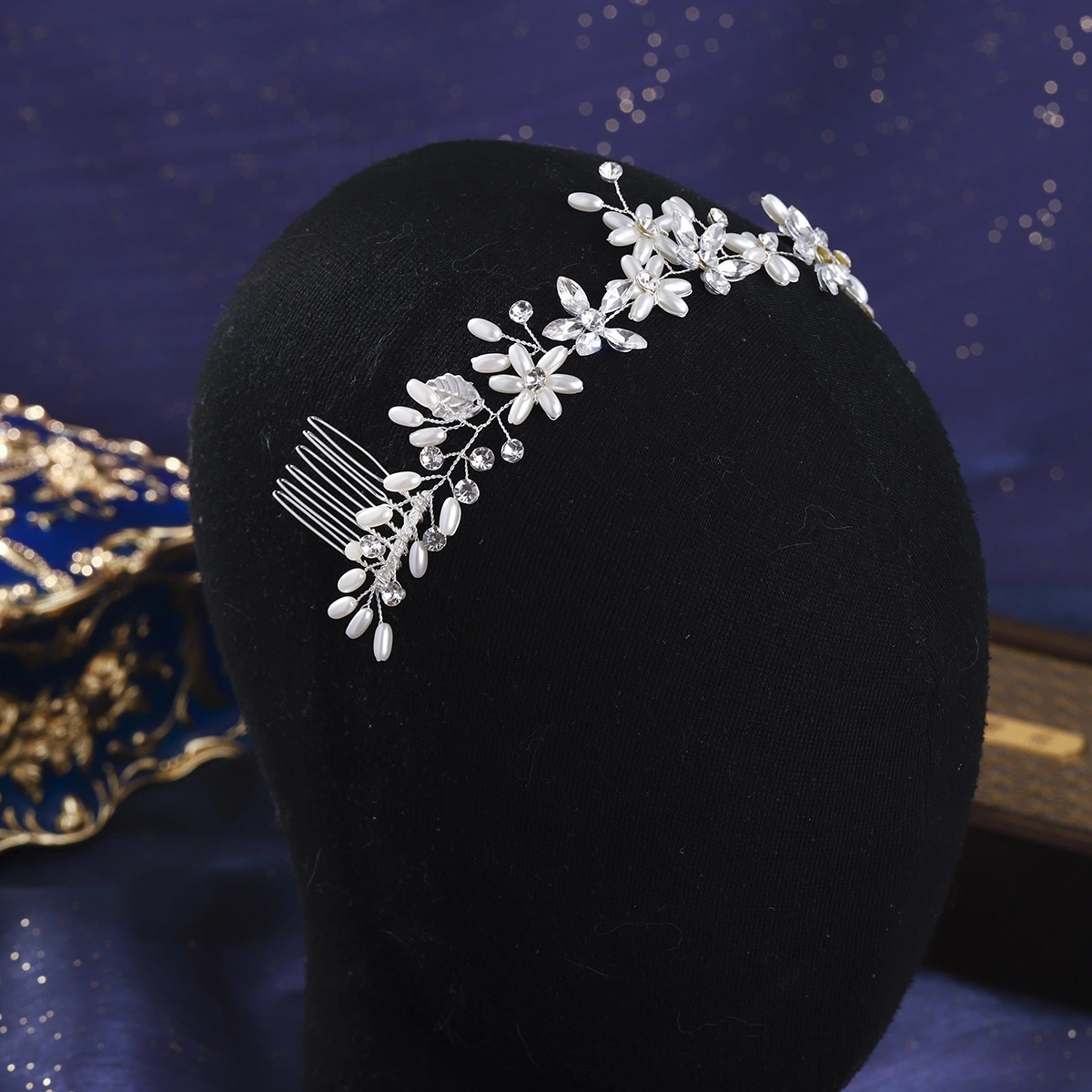 Bridal Handmade Beaded Double Comb Hair Band Simple Versatile Rhinestone Pearl Updo Hair Vine 1