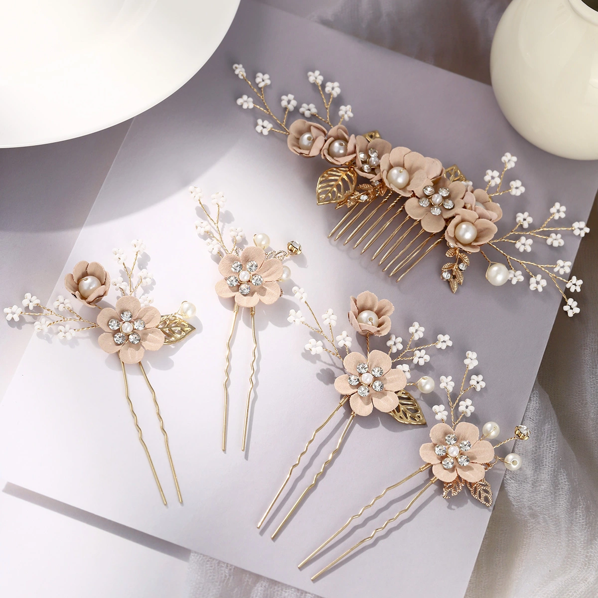 Fashion Bridal Headpiece 5 Pcs/Set Elegant Rhinestone Flower Hairpin Hair Comb Handmade Wedding Jewelry 1
