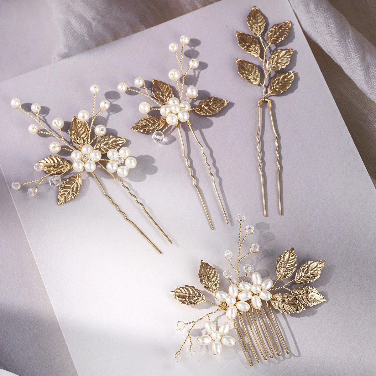 Exquisite Handmade Pearl Hairpins Hair Comb Set Fashion Bridal Wedding Alloy Leaf Updo Headpieces 1