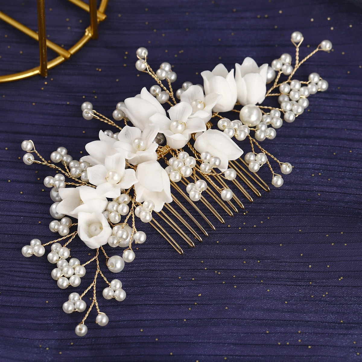 Bridal Wedding Updo Headpiece White Ceramic Floral Hair Comb Handmade Pearl Beaded Hair Comb 1