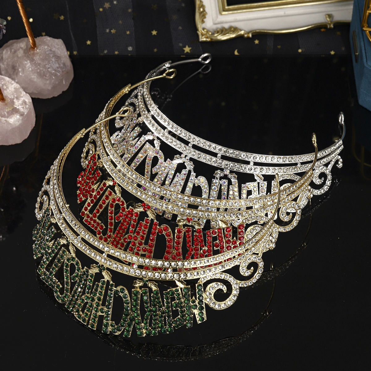 Euro-American Hot Sale Christmas Headpiece Merry Christmas Letter Style Alloy Rhinestone Crown Festival Party Tiara 1