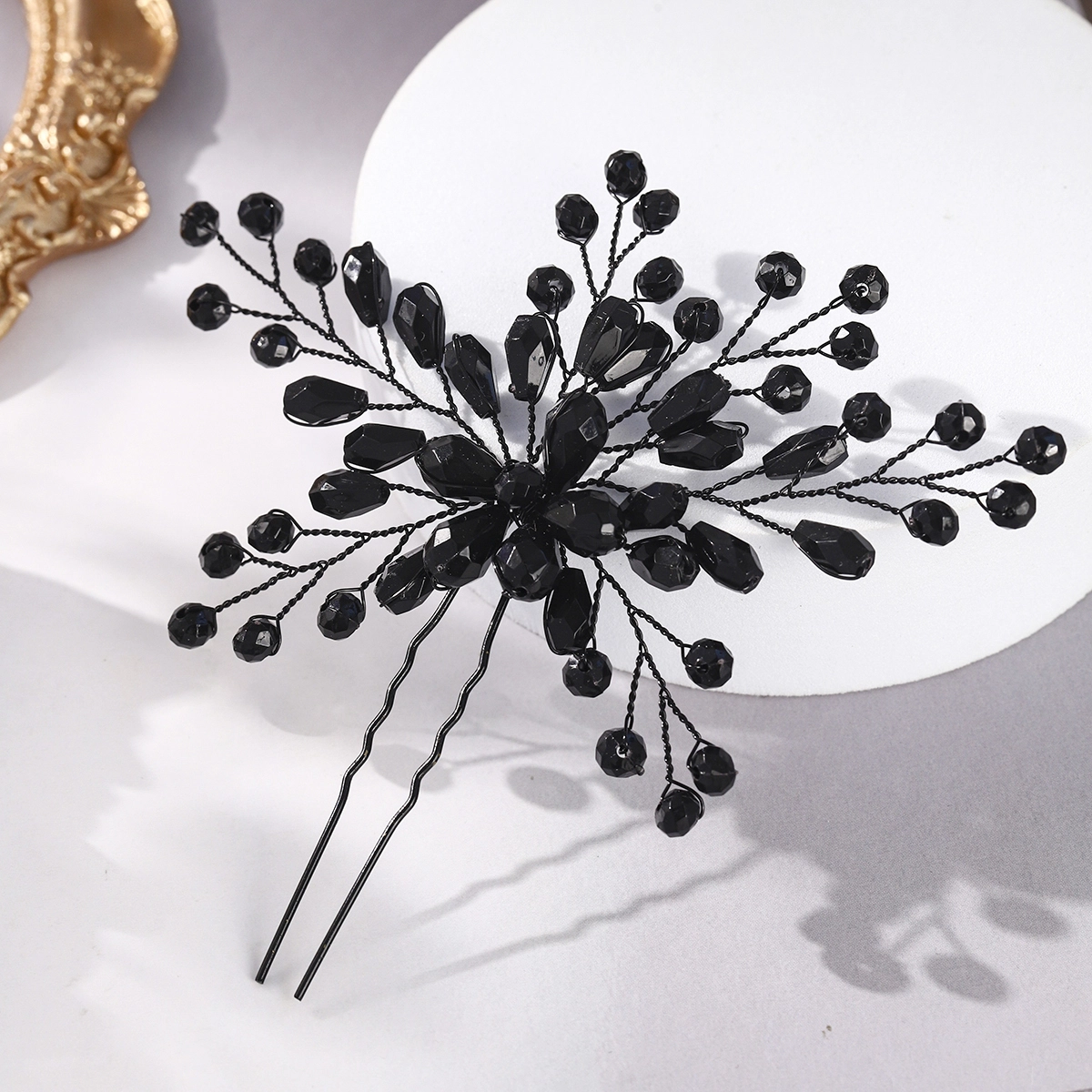 Exquisite Handmade Beaded Hairpin Retro Versatile Black Crystal Hair Accessories Bridal Wedding Updo Headpiece 1