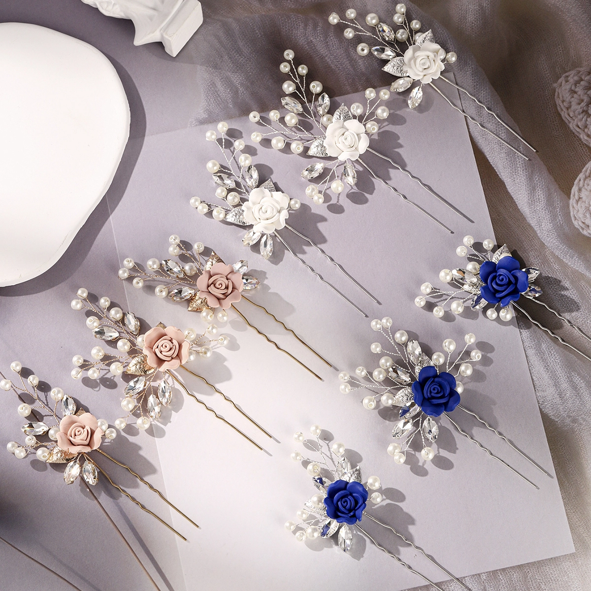 Bridal Wedding Headpiece Fashionable Sweet Polymer Clay Flower Hair Pins Handmade Rhinestone Pearl Hair Pin Set 1