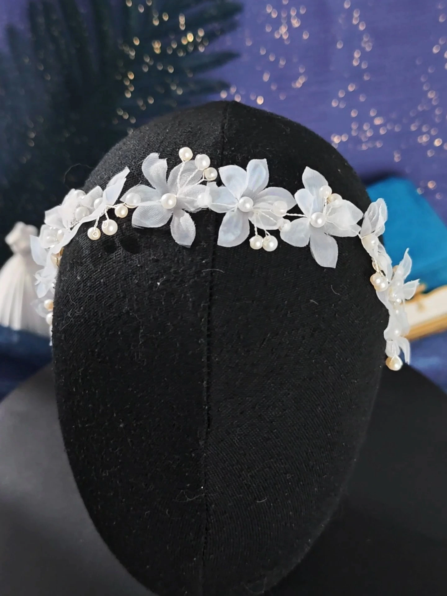 Bridal Hairband Tulle Flower Pearl Hair Vine Minimalist Versatile Handmade Hair Accessory 1