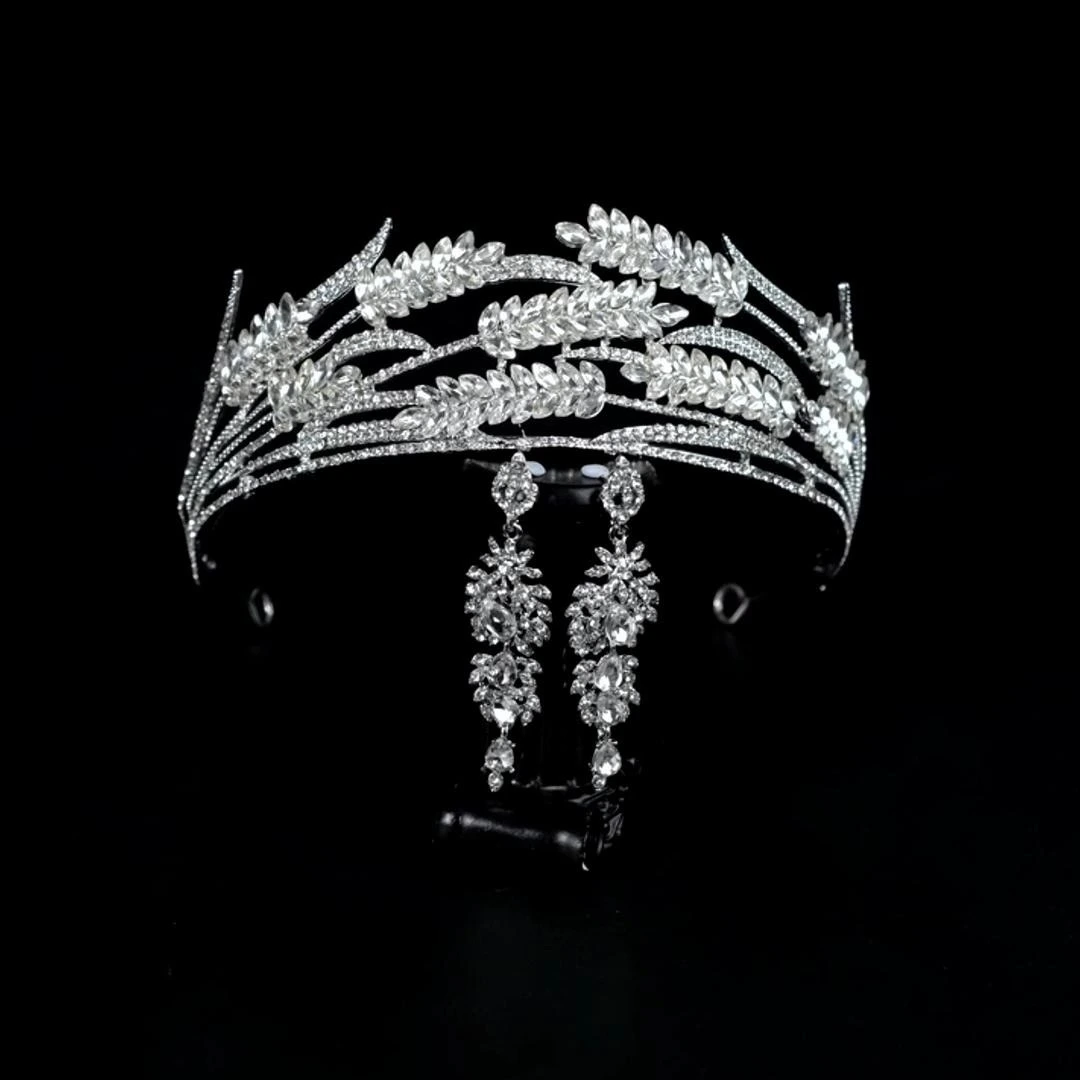 Vintage Court Bridal Jewelry Exquisite Rhinestone Tiara and Earrings Set Elegant Women's Accessories for Wedding Prom Pary 1