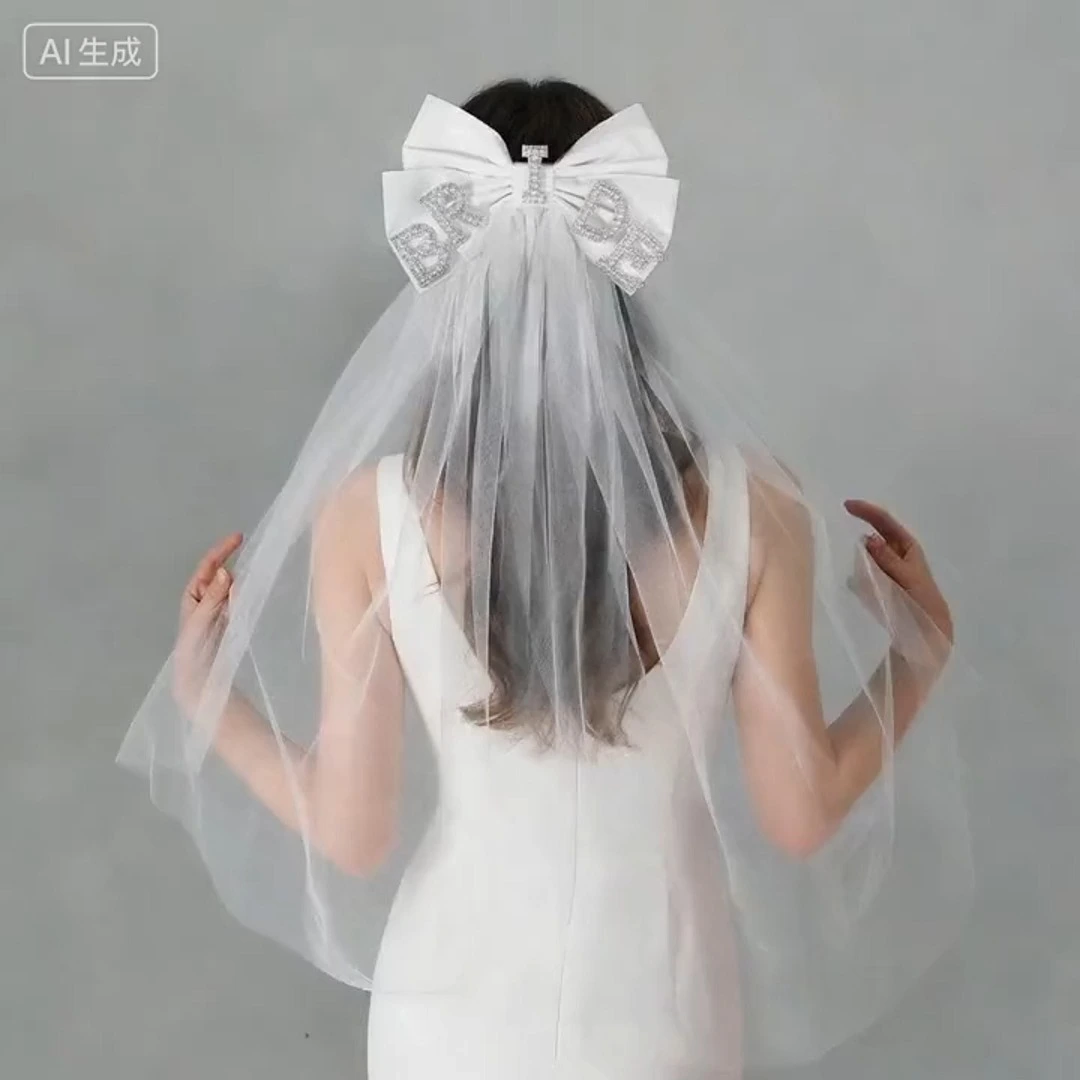 Fashionable Bow Veil Simple Pearl Rhinestone BRIDE Letter Hair Accessories Bride-to-Be Bachelorette Party Veil 1