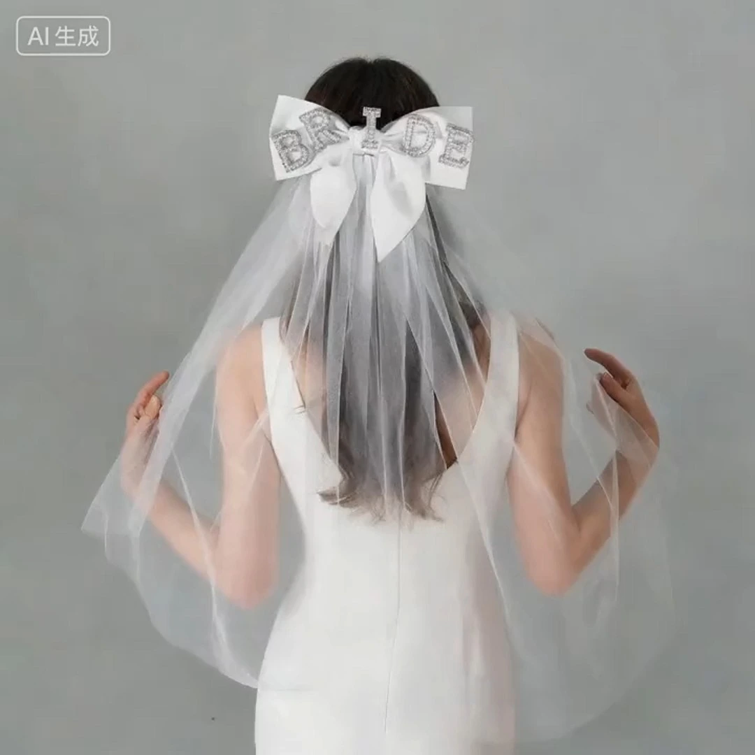 Bridal Veil Pearl Rhinestone Letter Hair Accessories Sweet Versatile Bow Veil Hair Clips Bachelorette Party Wedding Headpieces 1