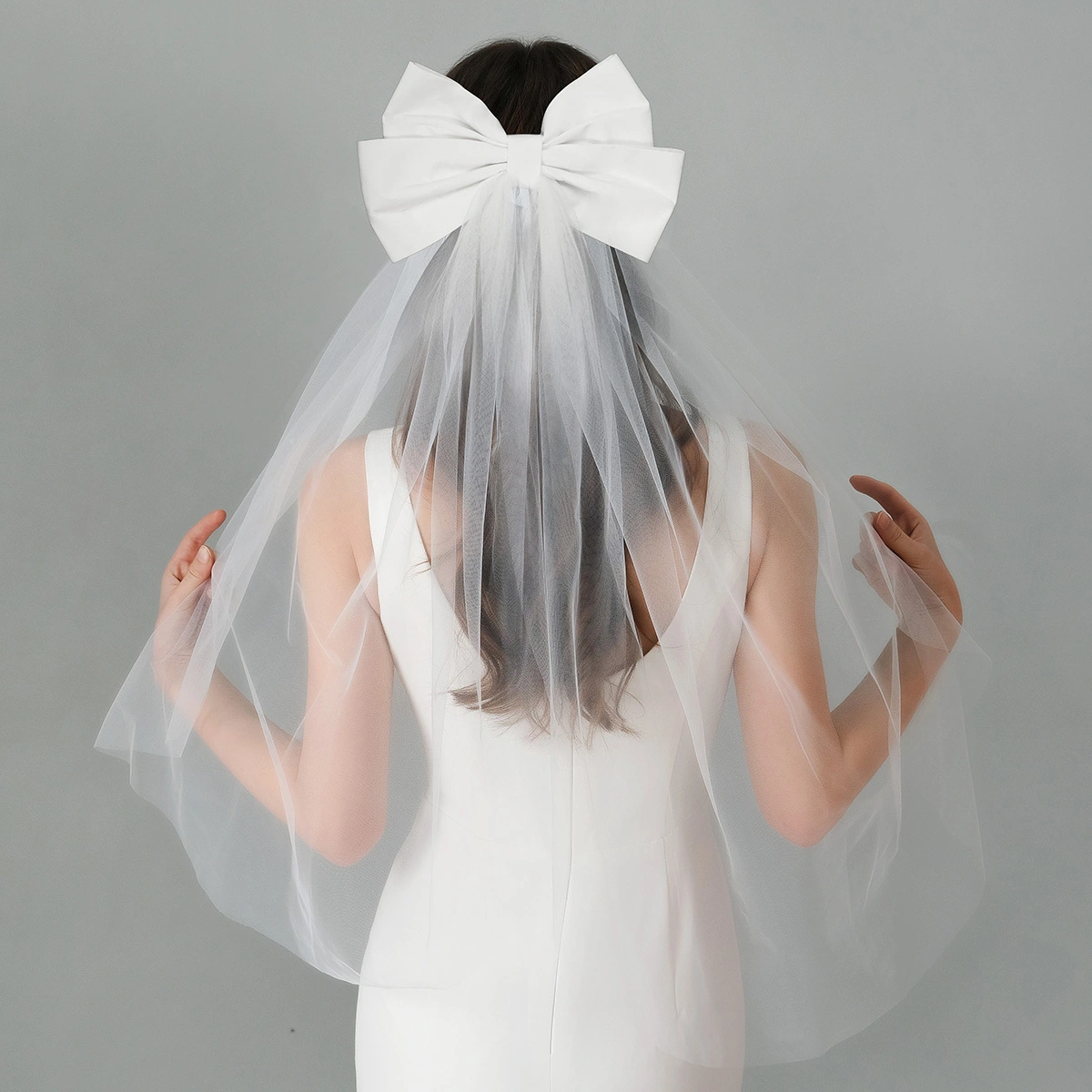 Classic White Double Layer Bow Veils Bridal Wedding Veil Elegant Jewelry Headpiece For Women 1