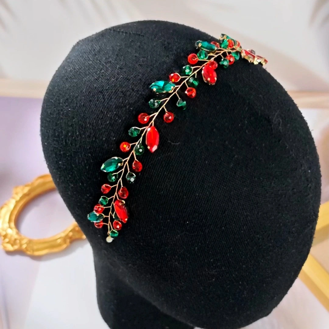Red Green Crystal Beaded Handmade Headband Christmas Hair Vine Festive Party Headpieces for Women 1