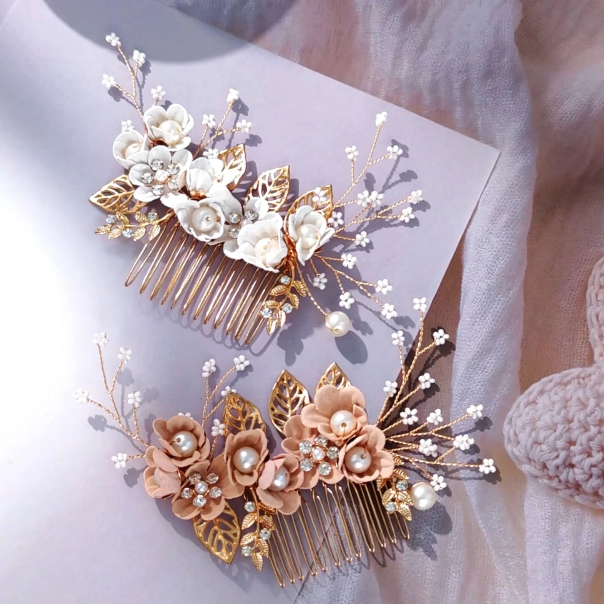 Elegant Bridal Wedding Hair Comb Exquisite Handmade Floral Leaf Design Hair Comb Women's Daily Hair Accessories 1