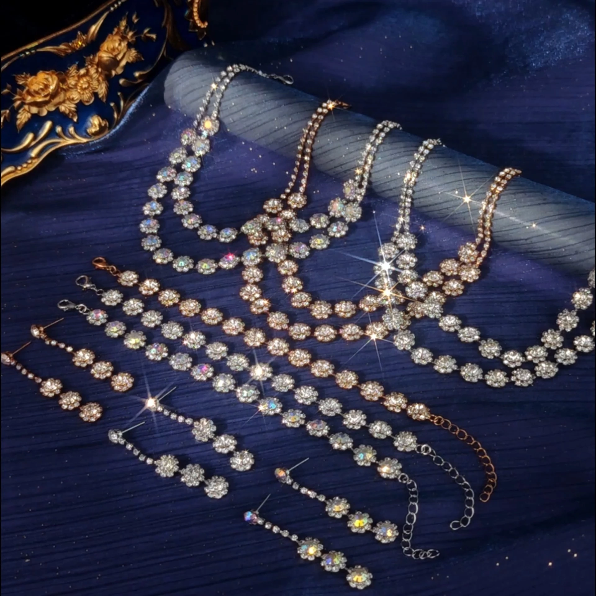 Fashion Bridal Rhinestone Flower Necklace Earrings Bracelet Set Luxury Women's Accessories for Prom Party Daily Wear 1